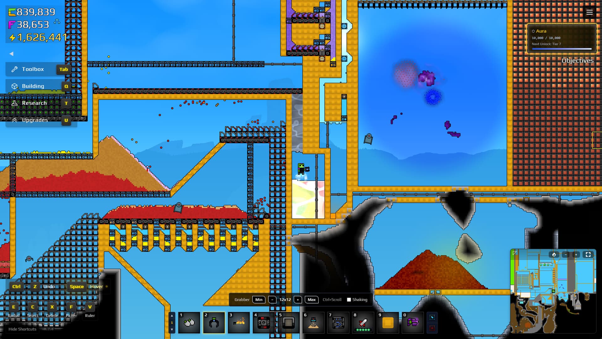 Official Sandustry screenshot of a layered factory with Building controls visible.