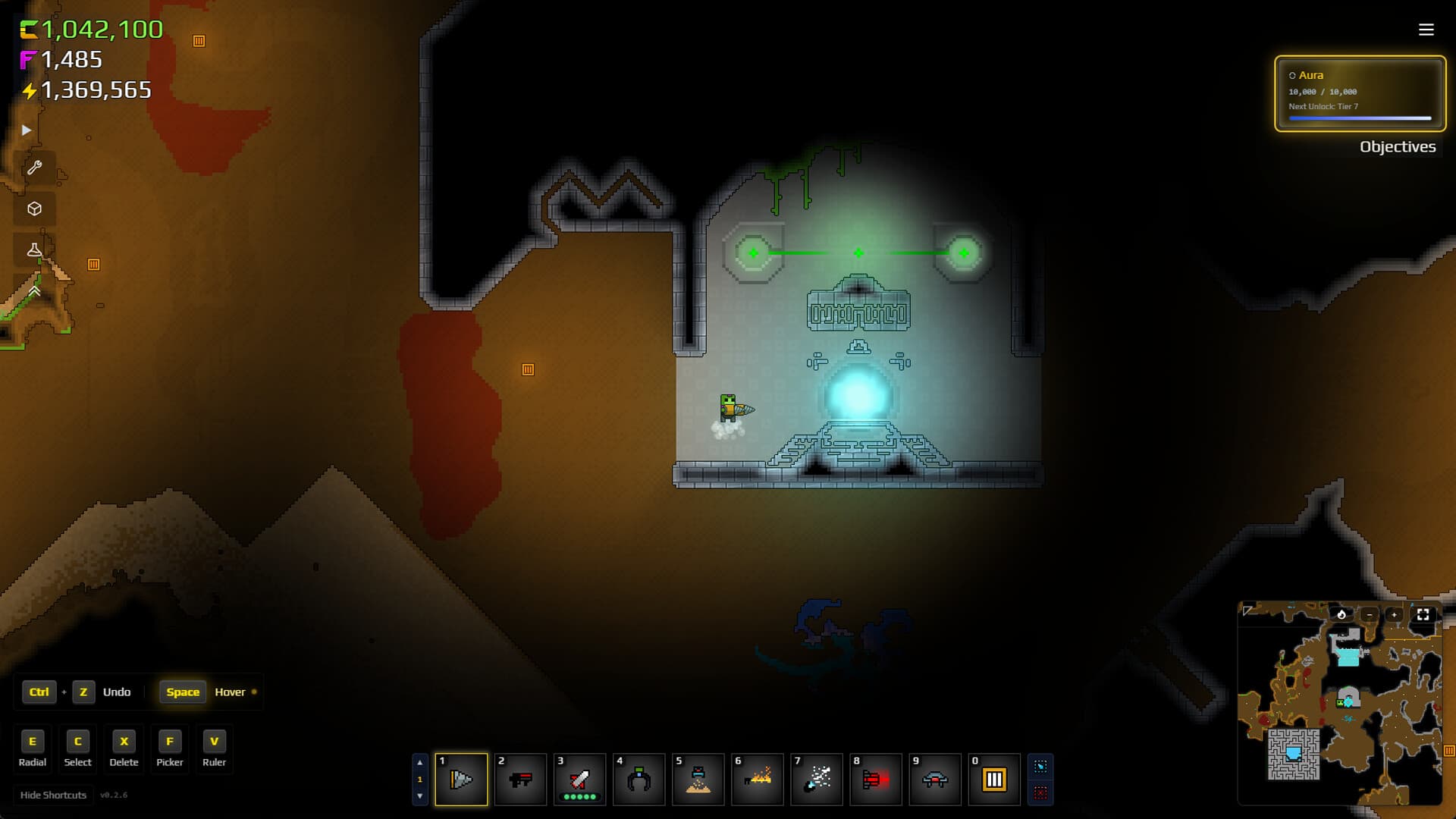 Official Sandustry screenshot of an underground cave with a dark corridor, resource markers, and side toolbar.