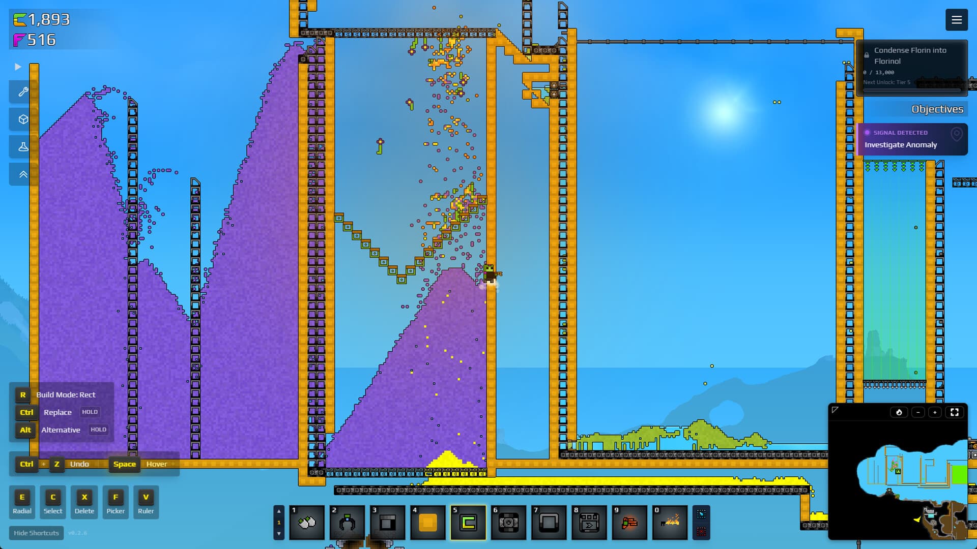 Official Sandustry screenshot of production lines carrying colored particles across purple terrain.